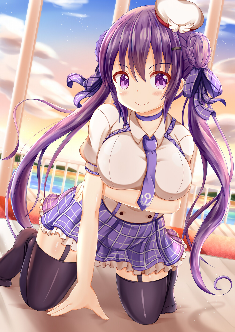 anchor_symbol arm_support arm_under_breasts azur_lane bangs beret between_breasts black_legwear blue_sky blush bow braid breast_hold breasts check_commentary closed_mouth cloud commentary_request cosplay cygnet_(azur_lane) cygnet_(azur_lane)_(cosplay) double_bun eyebrows_visible_through_hair garter_straps gochuumon_wa_usagi_desu_ka? gradient_sky hair_between_eyes hair_bow hair_ornament hairclip hat highres horizon kneeling large_breasts long_hair looking_at_viewer mini_hat necktie necktie_between_breasts ocean partial_commentary plaid plaid_bow plaid_skirt puffy_short_sleeves puffy_sleeves purple_bow purple_eyes purple_hair purple_neckwear purple_skirt railing seiyuu_connection shirt short_sleeves side_bun skirt sky smile solo sunset taneda_risa tedeza_rize thighhighs tilted_headwear twintails very_long_hair water white_hat white_shirt zenon_(for_achieve)