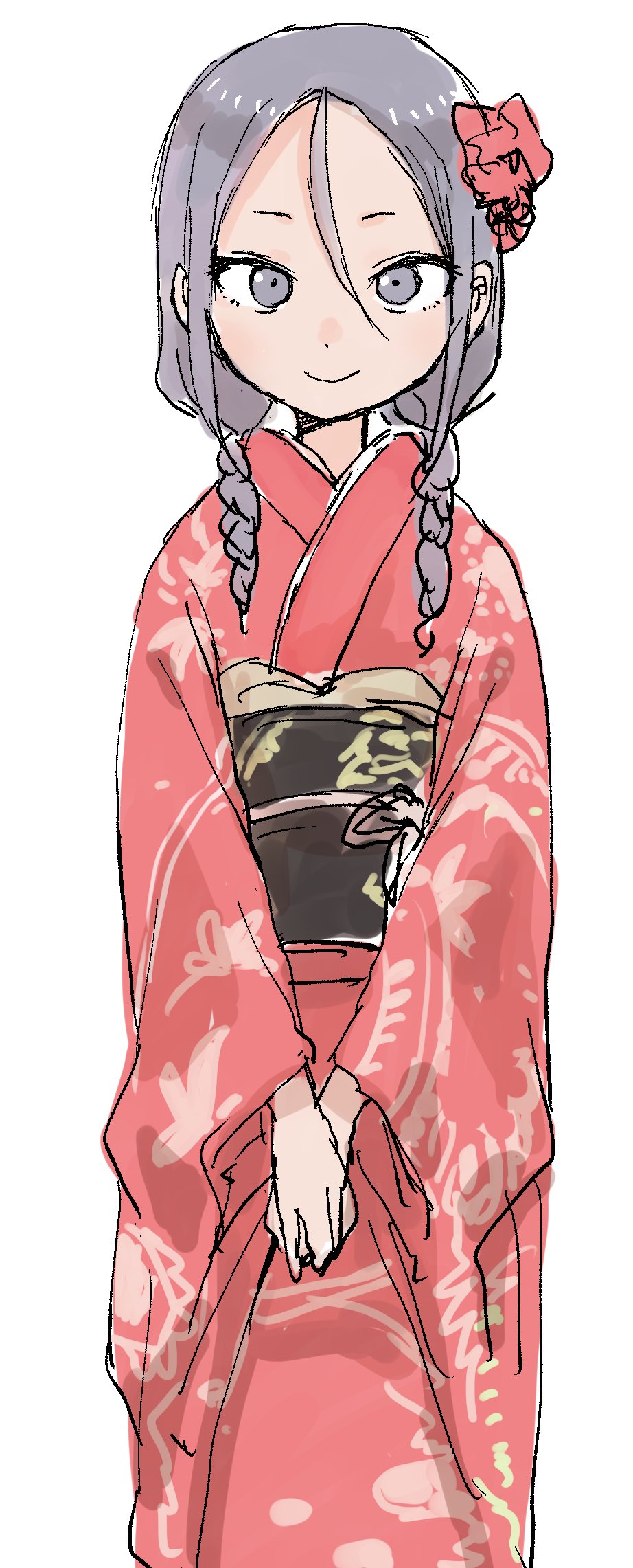 braid commentary_request flower grey_eyes grey_hair hair_between_eyes hair_flower hair_ornament highres japanese_clothes kimono long_sleeves looking_at_viewer obi own_hands_together red_kimono sash senpai_(shougi-senpai) shougi-senpai simple_background sketch smile solo standing twin_braids v_arms white_background wide_sleeves yamamoto_souichirou