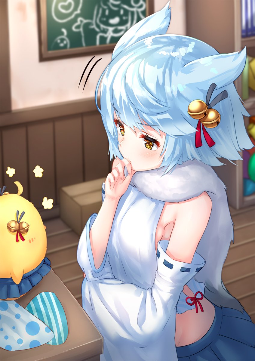 ahoge animal_ears azur_lane bell bird blue_hair blush bookshelf box cardboard_box chalkboard chick commentary_request crossed_arms detached_sleeves doodle finger_to_mouth fubuki_(azur_lane) hair_bell hair_ornament highres indoors jingle_bell pensuke ribbon-trimmed_sleeves ribbon_trim scarf short_hair yellow_eyes