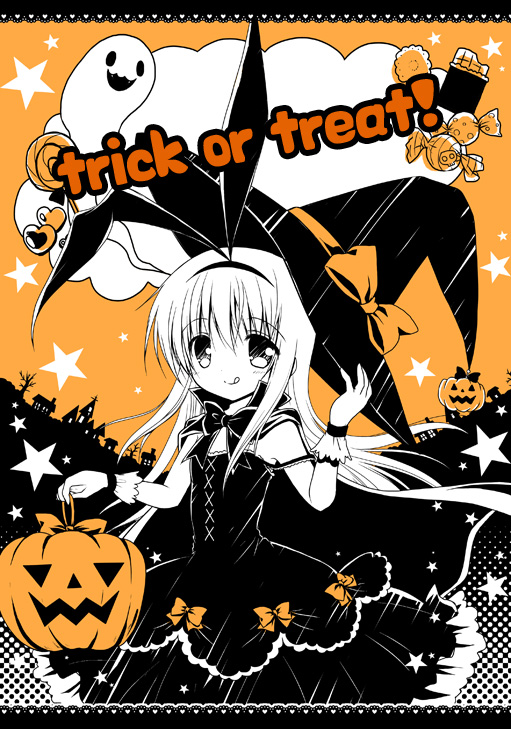 :q amae_koromo black_background bow candy chocolate_bar commentary_request english food ghost hair_bow hairband halloween halloween_costume hat holding holding_hat nanase_miori orange_background pumpkin saki smile solo star tongue tongue_out trick_or_treat witch witch_costume witch_hat