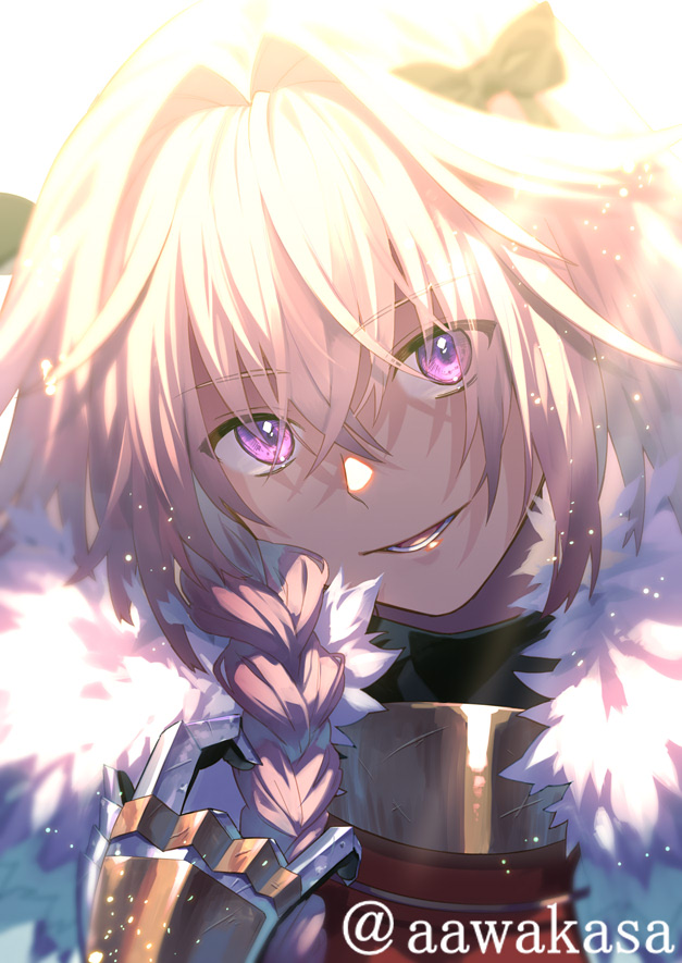 astolfo_(fate) backlighting bangs black_bow black_gloves black_ribbon bow braid commentary_request crossed_bangs dent eyebrows_visible_through_hair eyes_visible_through_hair fate/apocrypha fate_(series) fur_collar gauntlets gloves hair_between_eyes hair_bow hair_intakes hair_over_shoulder hair_ribbon hand_up head_tilt light_particles light_rays long_hair looking_at_viewer male_focus open_mouth otoko_no_ko pink_eyes pink_hair ribbon ryuuki_(hydrangea) sidelocks single_braid smile solo twitter_username upper_body white_background