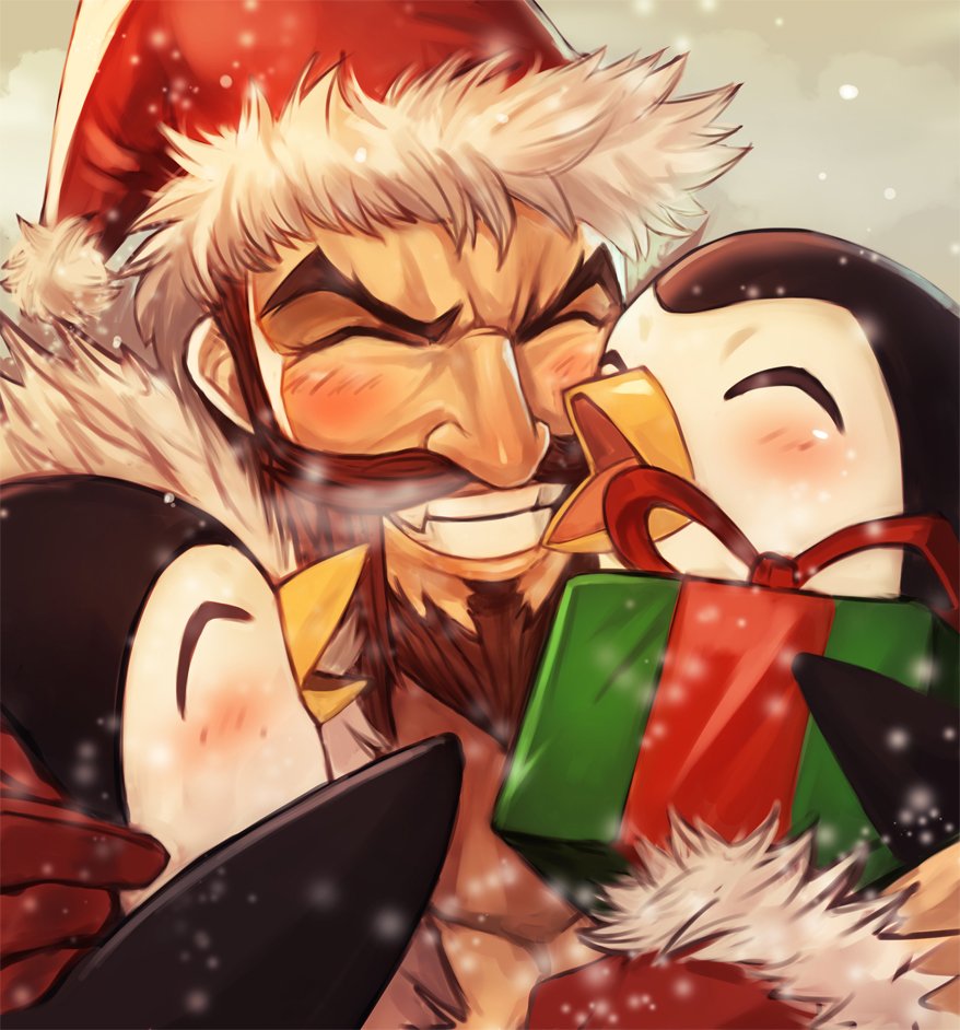 ^_^ beard bird blush bow closed_eyes draven facial_hair gift gloves grin hat hug league_of_legends male_focus penguin red_bow red_gloves red_ribbon ribbon santa_hat smile snowflakes snowing solo sookmo