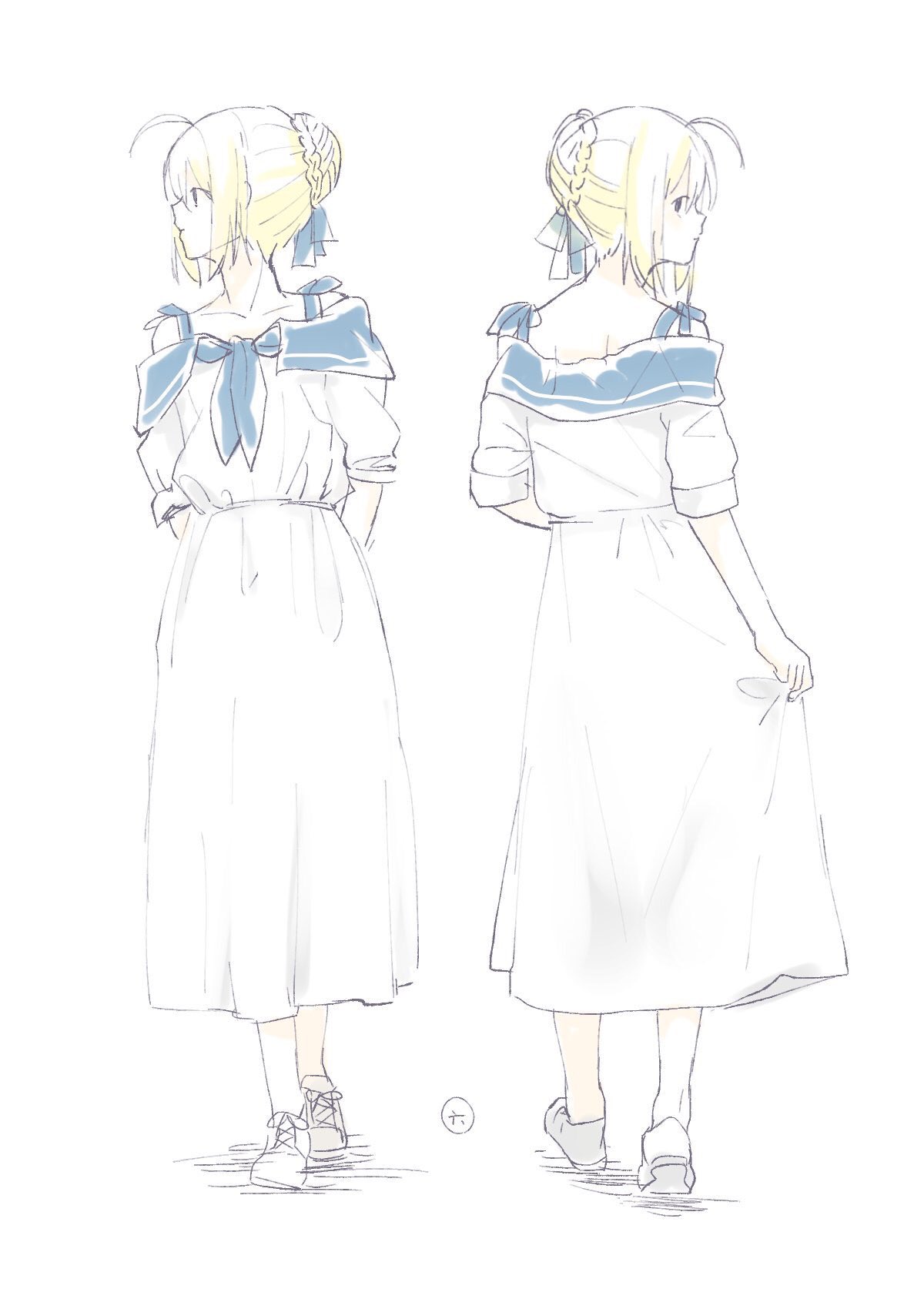 adapted_costume ahoge artoria_pendragon_(all) blonde_hair braid commentary_request dress fate/stay_night fate_(series) hair_bun highres ichiren_namiro looking_at_viewer looking_back multiple_views neckerchief profile saber shoes simple_background walking white_background white_dress