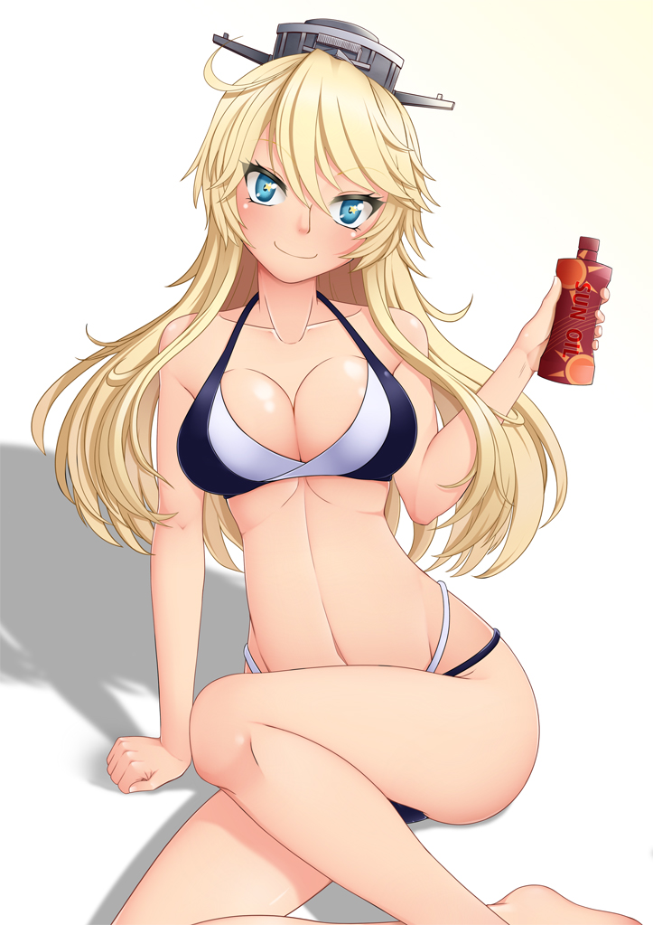 blonde_hair blue_eyes breasts cleavage feet_out_of_frame headgear iowa_(kantai_collection) kantai_collection large_breasts long_hair looking_at_viewer lotion sei_(6862879) simple_background sitting smile solo star star-shaped_pupils sunscreen symbol-shaped_pupils two-tone_bikini white_background