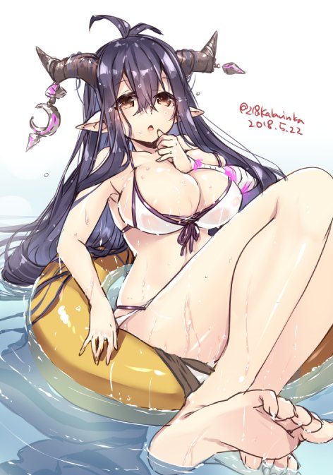 218 antenna_hair bandaged_arm bandages bikini breasts commentary_request crescent danua draph feet granblue_fantasy hair_between_eyes horn_ornament horns jewelry large_breasts long_hair pointy_ears purple_hair red_eyes solo swimsuit