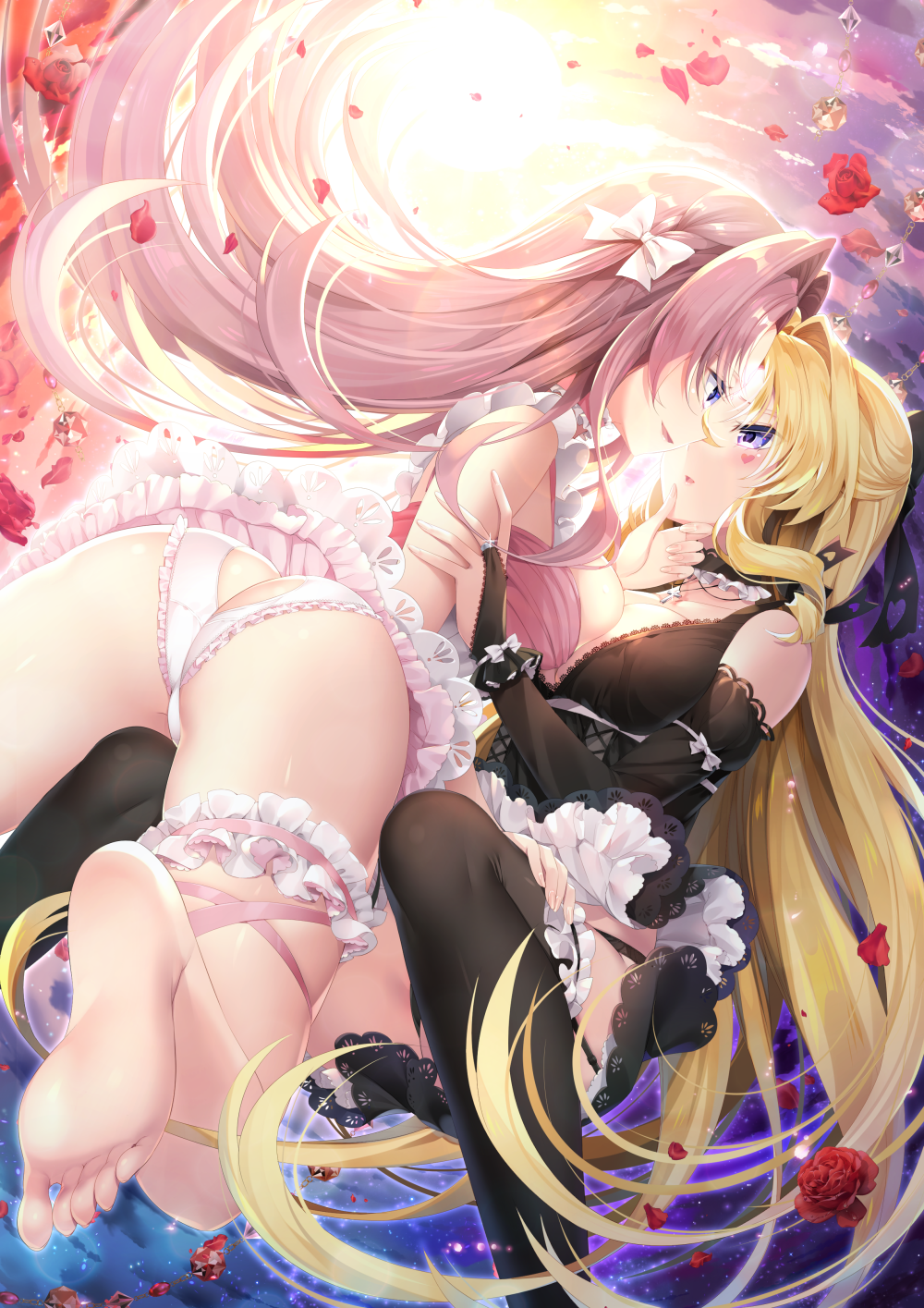 ass ass_cutout bare_shoulders barefoot black_legwear blonde_hair blue_eyes bow breast_press breasts bridal_gauntlets commentary_request crystal delores_(mvv) eye_contact face-to-face feet flower frilled_panties frills garter_belt garters hair_bow hand_on_another's_chin heart heart-shaped_pupils highres large_breasts long_hair looking_at_another multiple_girls mvv original panties pink_hair pink_ribbon profile purple_eyes ribbon soles sun symbol-shaped_pupils symmetrical_docking thigh_ribbon thighhighs underwear white_panties yuri