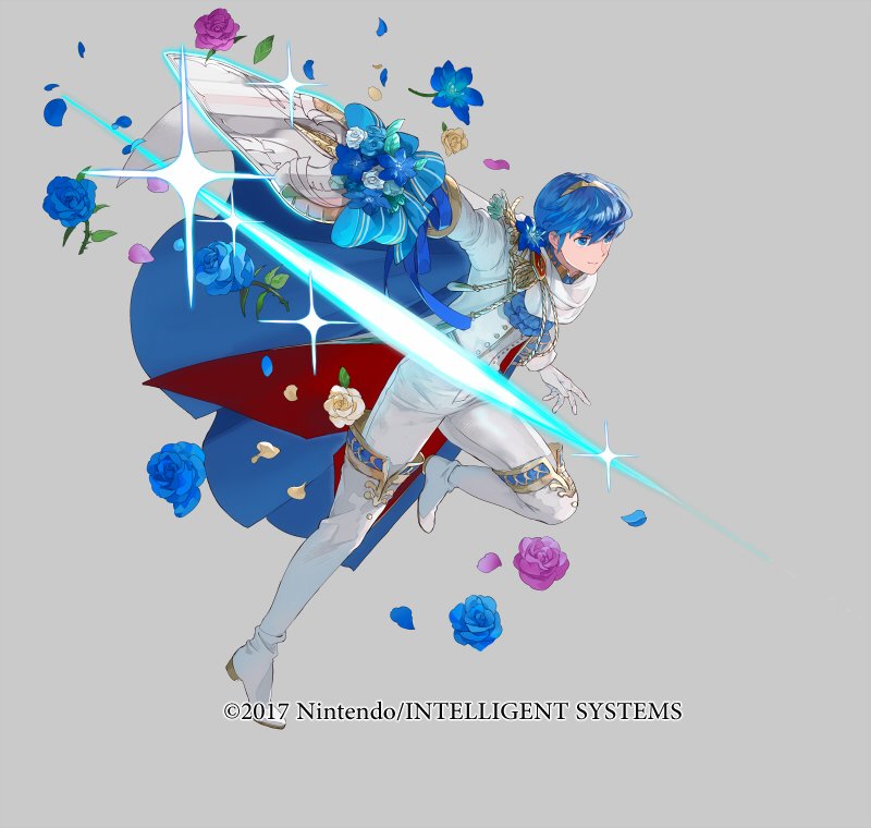 2017 blue_eyes blue_hair cape fire_emblem fire_emblem:_monshou_no_nazo fire_emblem_heroes flower formal gloves groom male_focus marth mayo_(becky2006) official_art short_hair simple_background smile solo suit tiara weapon