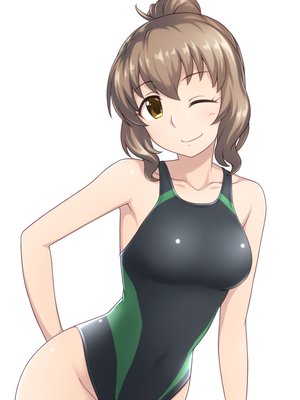 black_swimsuit brown_eyes brown_hair collarbone competition_swimsuit cowboy_shot idolmaster idolmaster_cinderella_girls leaning_forward looking_at_viewer one-piece_swimsuit one_eye_closed pataniito simple_background smile solo swimsuit tsukimiya_miyabi white_background