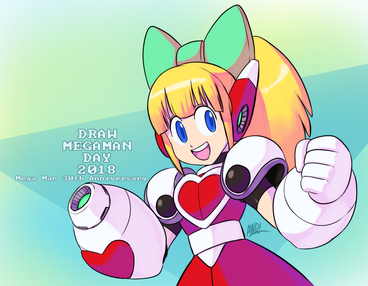 1girl arm_cannon bangs blue_background blunt_bangs bow fringe gloves green_bow hair_bow hair_ornament heart looking_to_the_side open_mouth power_armor robot_ears rockman rockman_(classic) roll sidelocks smile solo teeth tongue white_gloves