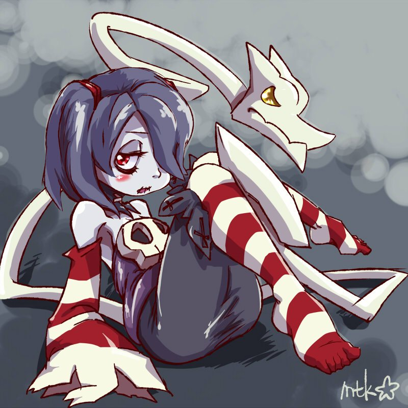 1girl bare_shoulders blue_skin breasts detached_collar detached_sleeves dress female hair_over_one_eye legs leviathan_(skullgirls) monster_girl side_ponytail skullgirls squigly_(skullgirls) stitched_mouth stitches striped striped_legwear striped_sleeves zombie