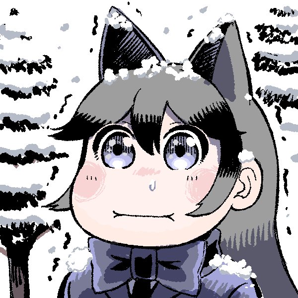:i animal_ears blue_eyes blue_jacket blue_neckwear blush bow bowtie commentary_request extra_ears fox_ears grey_hair hare_(tetterutei) jacket kemono_friends long_hair looking_at_viewer multicolored_hair no_nose pine_tree silver_fox_(kemono_friends) snot snow snowing solo tree trembling two-tone_hair upper_body