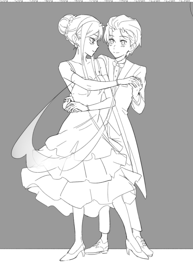 1boy 1girl blush bracelet cleavage collarbone couple dancing darling_in_the_franxx dress earrings formal fringe hand_holding hetero high_heels hiro_(darling_in_the_franxx) horns hug_from_behind k_016002 long_hair looking_at_another monochrome oni_horns pants shoes short_hair sleeveless_dress suit zero_two_(darling_in_the_franxx)