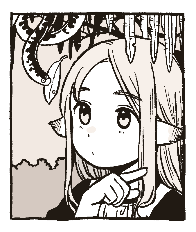 akai_sashimi animal bangs bush closed_mouth expressionless eyebrows_visible_through_hair frame hand_up leaf long_hair looking_at_another looking_up monochrome original outdoors parted_bangs pointing pointy_ears sepia snake tareme tree