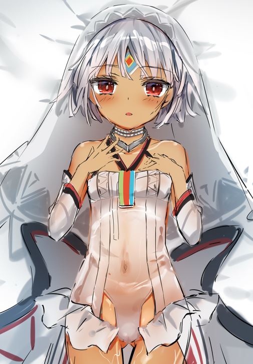1girl altera_(fate) ass_visible_through_thighs bad_id bad_pixiv_id bare_shoulders bed_sheet blush breasts collarbone commentary_request cowboy_shot dakimakura dark_skin detached_sleeves dress facial_mark fate/extella fate/extra fate_(series) forehead_mark halterneck hands_up long_sleeves looking_at_viewer lying on_back parted_lips red_eyes short_hair silver_hair small_breasts solo thigh_gap veil white_dress