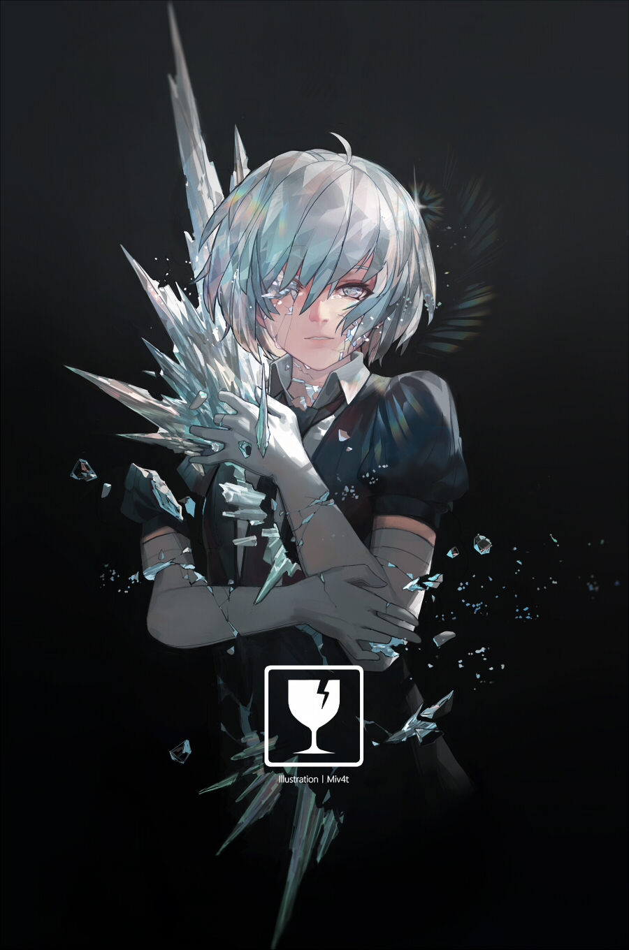 ahoge androgynous artist_name black_background black_neckwear black_shirt collared_shirt commentary cracked_skin cropped_torso crying crying_with_eyes_open crystal_hair diamond_(houseki_no_kuni) elbow_gloves gem_uniform_(houseki_no_kuni) glint gloves highres houseki_no_kuni long_hair looking_at_viewer mivit necktie parted_lips self_hug shatter shirt short_sleeves silver_hair simple_background smile solo spikes tears upper_body white_gloves white_shirt wing_collar