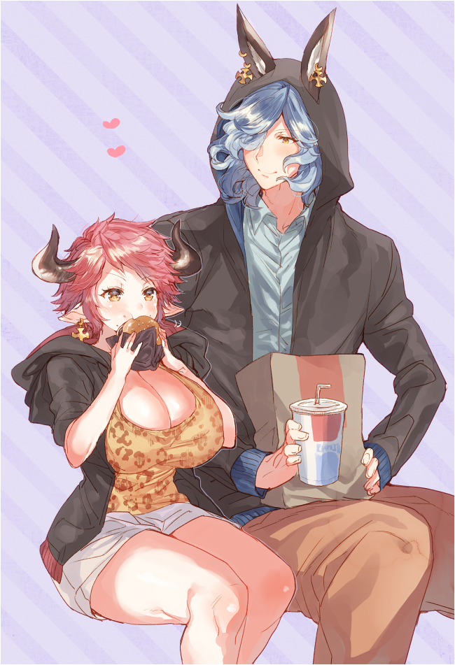 1girl animal_ears animal_print bangs black_jacket blue_hair blue_shirt blush breasts brown_eyes brown_pants brown_shirt casual cheek_bulge cleavage closed_mouth collared_shirt couple cow_ears cow_horns cross cross_earrings cup curvy diagonal-striped_background diagonal_stripes drang_(granblue_fantasy) draph dress_shirt drinking_straw earrings ears_through_headwear eating eno_yukimi erune eyebrows_visible_through_hair fast_food food granblue_fantasy hair_over_one_eye hamburger heart height_difference holding holding_food hood hood_down hood_up hooded_jacket horns huge_breasts jacket jewelry leopard_print long_hair long_sleeves looking_at_another looking_away looking_down open_clothes open_jacket pants pink_hair print_shirt purple_background shiny shiny_hair shirt short_hair short_sleeves shorts sidelocks sitting smile striped striped_background sturm_(granblue_fantasy) wavy_hair white_shorts wing_collar