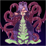 1girl blush corruption curly_hair dark_persona dress drill_hair dual_persona exet francesca_mistyl_riscotty living_clothes looking_at_viewer mamono_girl_lover monster_girl monster_girl_encyclopedia pixel_art purple_hair pussy red_eyes red_sclera revealing_clothes roper roper_(mamono_girl_lover) roper_(monster_girl_encyclopedia) roper_francesca see-through slime slit_pupils smile solo tentacle tiara