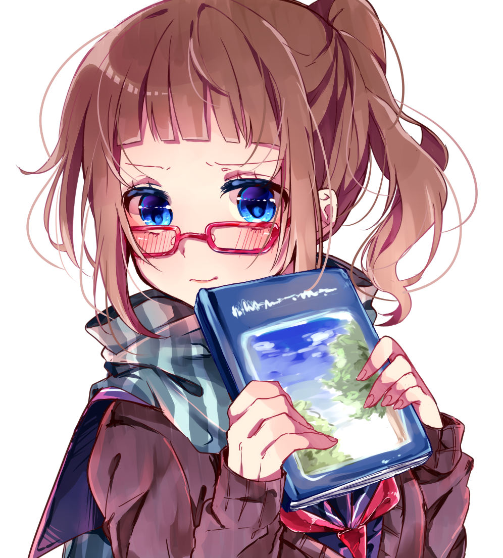 bad_id bad_pixiv_id bangs blue_eyes blue_sailor_collar blue_shirt blush book book_focus brown_cardigan brown_hair cardigan closed_mouth fingernails glasses green_scarf hands_up high_ponytail holding holding_book long_hair long_sleeves looking_at_viewer naoton original red-framed_eyewear red_neckwear sailor_collar scarf school_uniform serafuku shirt side_ponytail simple_background sleeves_past_wrists solo striped striped_scarf vertical-striped_scarf vertical_stripes white_background
