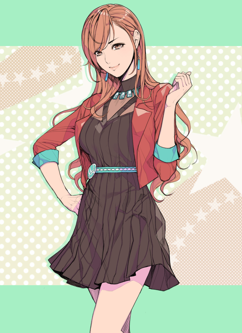 arisugawa_natsuha black_dress black_eyes commentary_request cowboy_shot dress earrings highres idolmaster idolmaster_shiny_colors jacket jewelry long_hair multicolored multicolored_background necklace oda_non red_hair red_jacket see-through short_dress smile solo