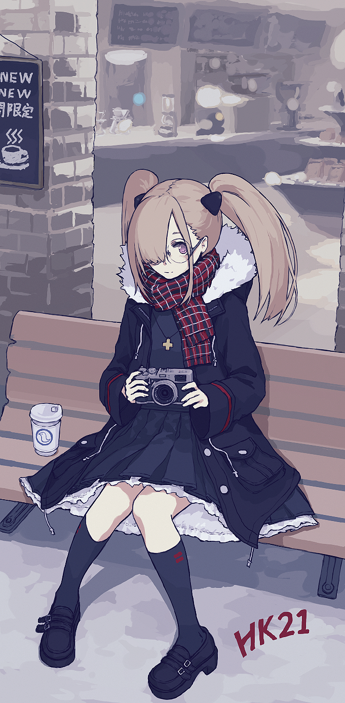 bangs bench black_coat black_dress black_footwear black_legwear buckle cafe camera character_name closed_mouth coat coffee_cup commentary cross cross_necklace cup day disposable_cup dot_nose drawstring dress full_body fur-trimmed_hood girls_frontline greek_cross grey_hair hair_ornament hair_over_one_eye highres hk21_(girls_frontline) holding holding_camera hood hood_down hooded_coat jewelry kneehighs knees_together_feet_apart light_smile long_hair long_sleeves looking_at_viewer mary_janes menu_board multicolored multicolored_clothes multicolored_scarf muted_color necklace on_bench open_clothes open_coat outdoors papaia_(quentingqoo) parted_bangs petticoat plaid plaid_scarf pleated_dress purple_eyes rimless_eyewear round_eyewear scarf shoes short_dress short_eyebrows sidelocks sign sitting sitting_on_bench sleeve_cuffs sleeves_past_wrists solo storefront translation_request twintails unbuttoned unzipped window winter winter_clothes winter_coat