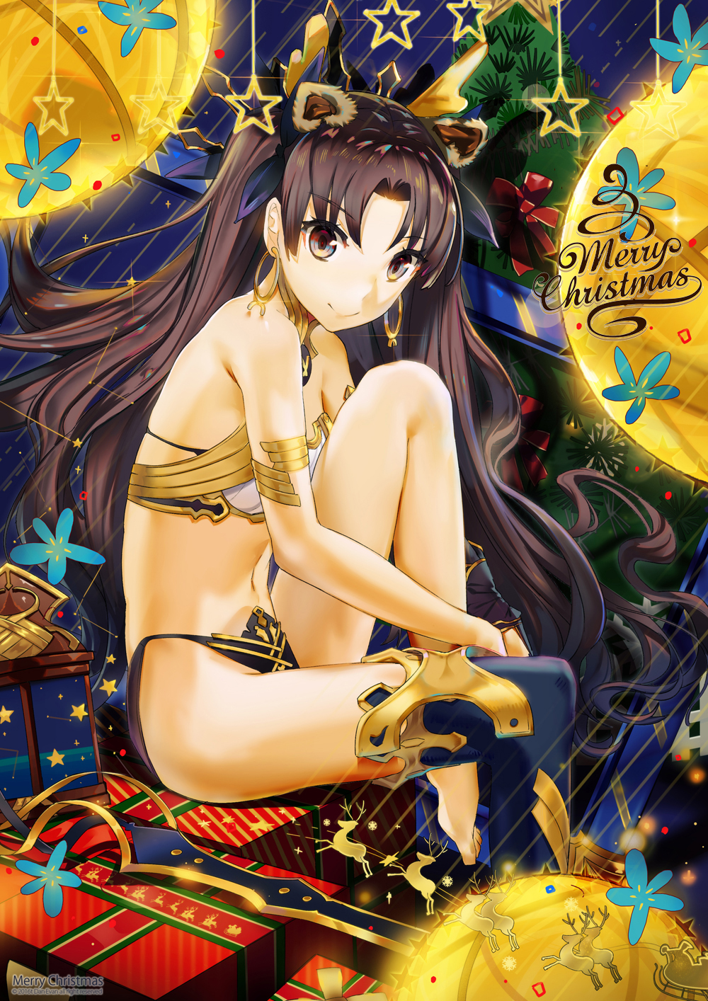 bangs bare_shoulders box bra brown_eyes brown_hair christmas christmas_tree closed_mouth commentary crown earrings el-zheng english fate/grand_order fate_(series) from_side gift highres hoop_earrings ishtar_(fate/grand_order) jewelry knee_up long_hair long_legs looking_at_viewer merry_christmas navel on_box panties parted_bangs sitting sitting_on_box smile solo star underwear white_bra