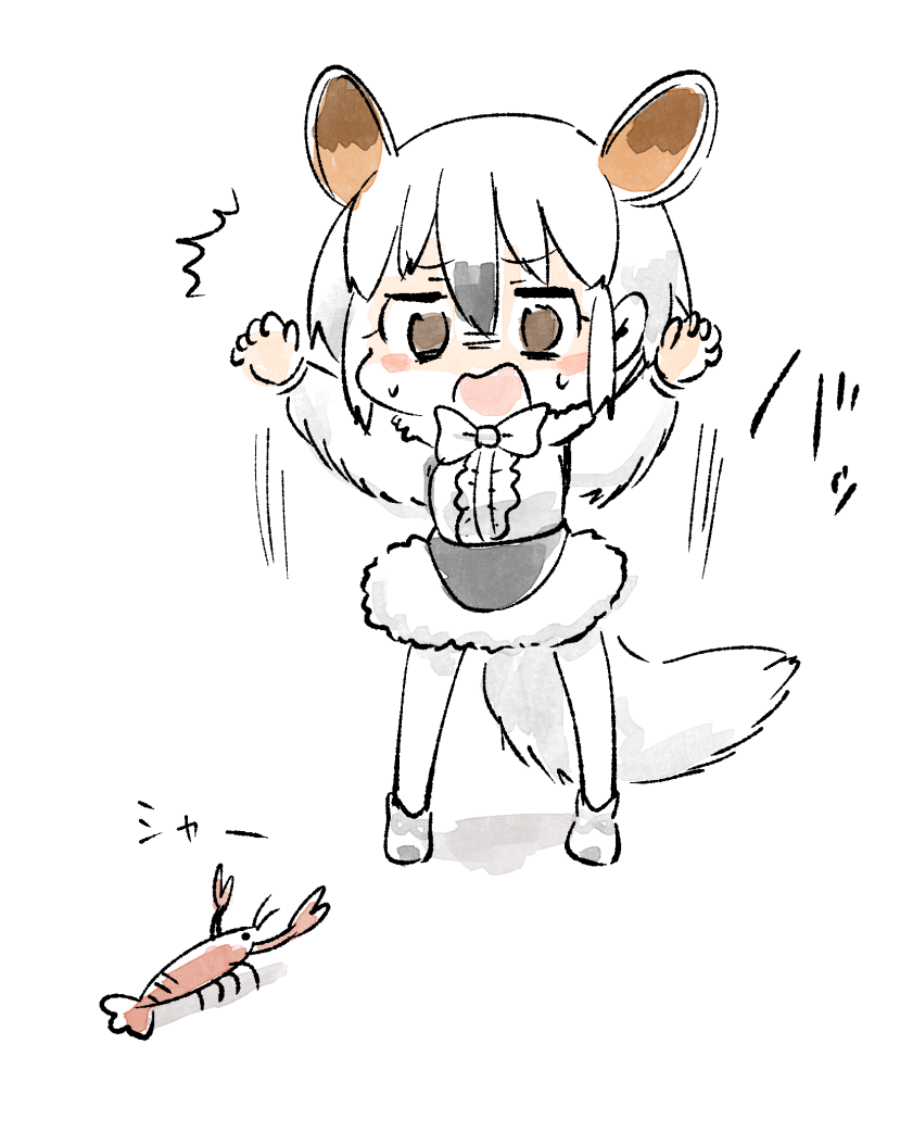1girl animal_ears black_hair blush_stickers bow bowtie commentary extra_ears fur_trim hair_between_eyes hands_up kemono_friends multicolored_hair open_mouth panzuban scared short_hair shrimp simple_background solo southern_tamandua_(kemono_friends) tamandua_ears tamandua_tail two-tone_hair wavy_mouth white_background white_hair