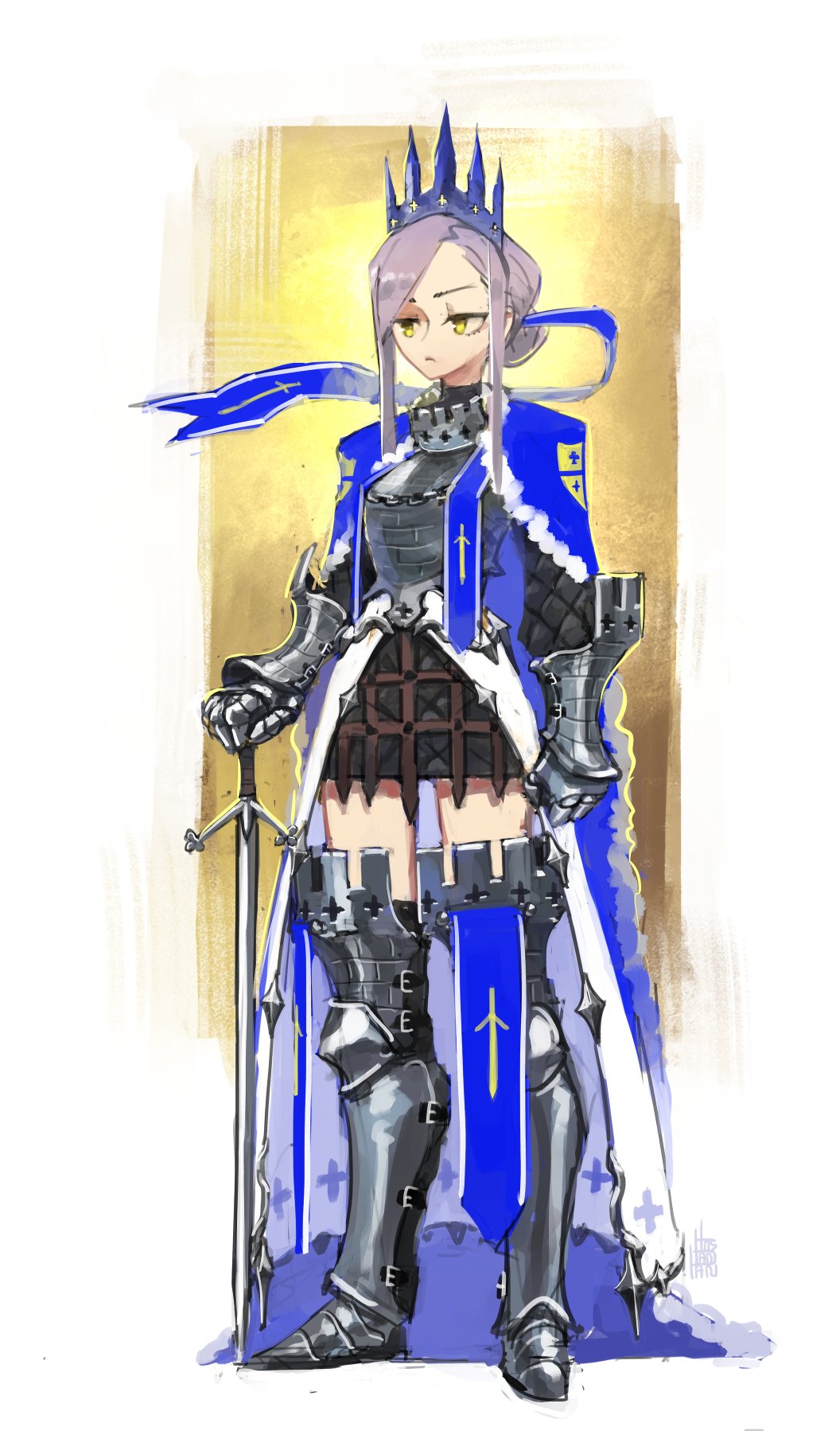 bangs blue_cape boots breastplate cape clenched_hand closed_mouth commentary crown english_commentary fur_trim gauntlets hair_bun hand_on_hilt highres holding holding_sword holding_weapon knight original parted_bangs purple_hair solo standing sword thigh_boots thighhighs tostantan weapon yellow_background yellow_eyes zettai_ryouiki