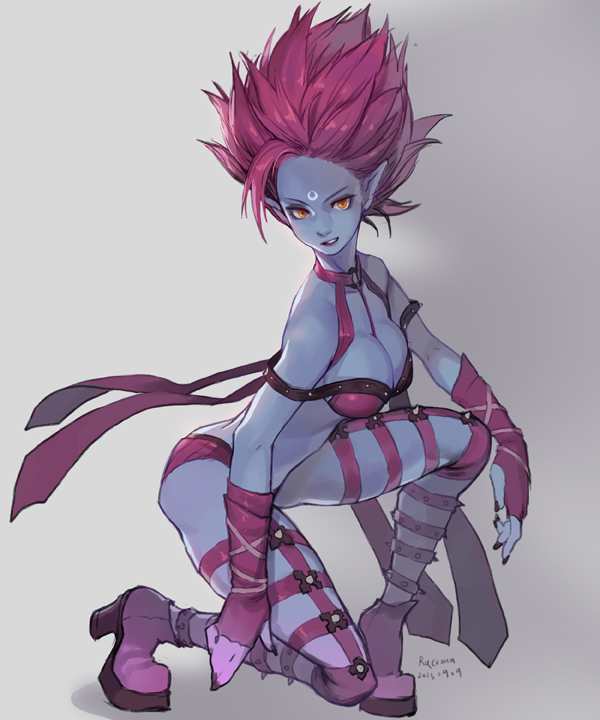 2013 armor between_breasts big_hair bikini_armor blue_skin breasts cleavage dated evelynn facial_mark fingerless_gloves forehead_mark full_body gloves large_breasts league_of_legends long_legs o-ring one_knee platform_footwear platform_heels pointy_ears purple_hair racoona revealing_clothes ribbon solo spiked_hair yellow_eyes