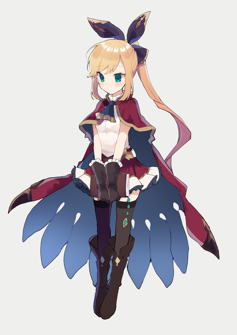 ascot blonde_hair blue_eyes blue_neckwear blush book boots bow brown_footwear brown_gloves brown_legwear cape clarisse_(granblue_fantasy) closed_mouth eyebrows_visible_through_hair full_body gloves granblue_fantasy grey_background hair_bow holding holding_book ikeuchi_tanuma knee_boots legs_together long_hair pleated_skirt ponytail red_cape red_skirt shirt simple_background skirt solo standing thighhighs white_shirt