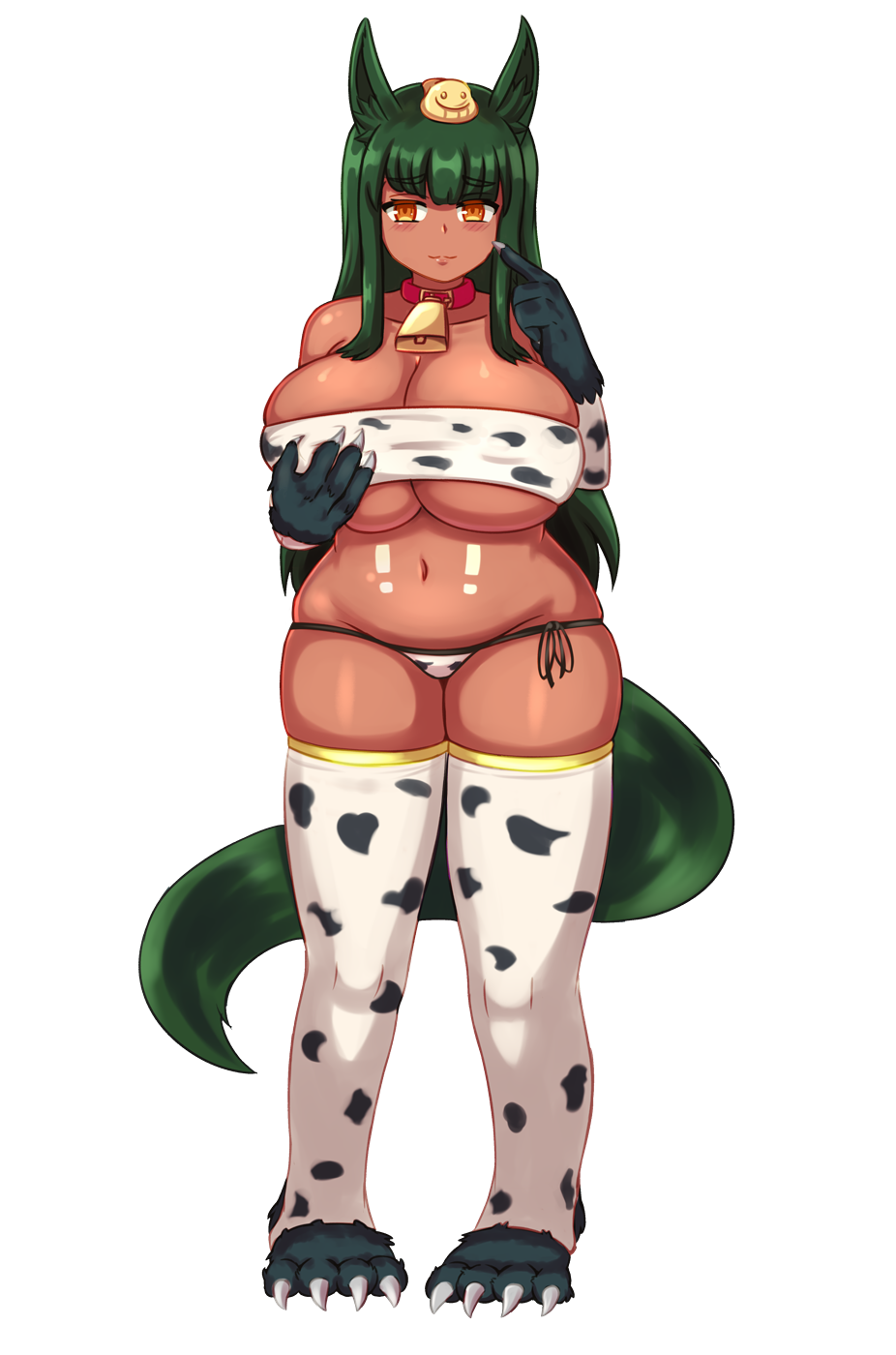 :3 animal_ears animal_print anubis_(monster_girl_encyclopedia) bare_shoulders bell bell_collar blush breast_hold breasts claws collar collarbone commentary cow_bell cow_print dark_green_hair dark_skin english_commentary eyebrows_visible_through_hair finger_to_face full_body green_hair highres huge_breasts looking_at_viewer monster_girl monster_girl_encyclopedia nav navel orange_hair panties paws pointing pointing_at_self print_legwear print_panties simple_background skindentation smile solo stirrup_legwear strapless tail thighhighs toeless_legwear tubetop underwear white_background