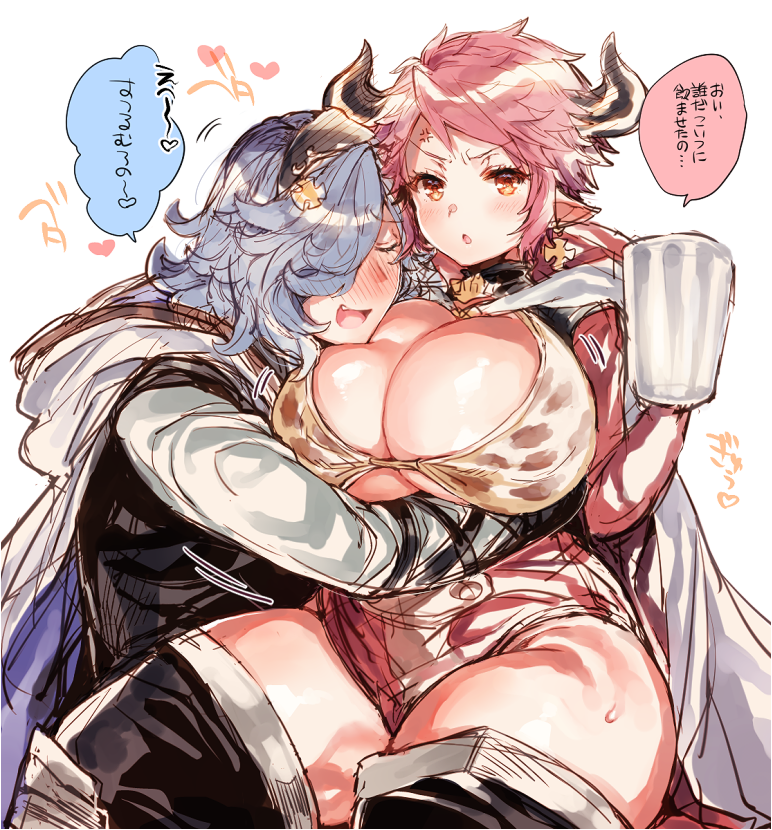 1girl :o anger_vein animal_ears animal_print bangs black_footwear black_shirt blue_cape blue_hair blush boots bra breast_pillow breasts brown_bra cape closed_eyes cow_ears cow_horns cross cross_earrings cup curvy drang_(granblue_fantasy) draph earrings eno_yukimi erune eyebrows_visible_through_hair fang granblue_fantasy hair_over_one_eye heart holding holding_cup hood hood_down hooded_cape horns hug huge_breasts jewelry leopard_print leotard long_sleeves looking_at_viewer open_mouth orange_eyes pink_hair print_bra red_cape red_leotard shiny shiny_hair shiny_skin shirt short_hair sidelocks simple_background sitting sketch speech_bubble spoken_heart sturm_(granblue_fantasy) sweat talking thick_thighs thigh_boots thighhighs thighs translation_request underwear v-shaped_eyebrows wavy_hair white_background white_cape wide_hips