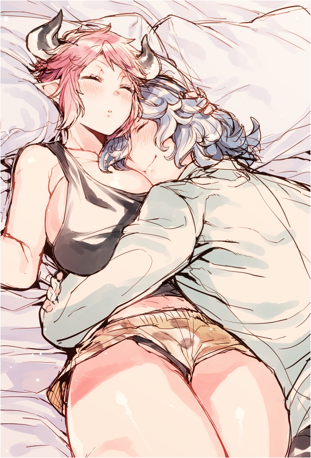 1girl animal_ears animal_print bangs bare_arms bare_shoulders bed between_breasts black_panties black_tank_top blue_hair blush boyshorts breast_pillow breasts brown_shorts closed_eyes closed_mouth couple cow_ears cow_horns drang_(granblue_fantasy) draph eno_yukimi erune granblue_fantasy hair_over_one_eye hand_on_another's_head head_between_breasts head_to_head hetero horns hug huge_breasts legs_together leopard_print long_hair long_sleeves lying midriff on_back on_stomach panties pantyshot pantyshot_(lying) parted_lips pillow pointy_ears print_shorts red_hair revision shiny shiny_skin shirt short_hair shorts sidelocks sketch skindentation sleeping sleepwear smile sturm_(granblue_fantasy) tank_top underwear wavy_hair white_shirt