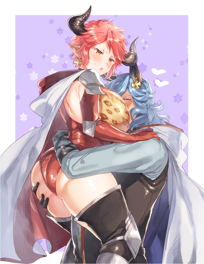 1girl :o anger_vein animal_ears animal_print ass ass_grab bangs between_breasts black_footwear blue_hair blue_shirt blush boots border breasts cape closed_eyes commentary_request cow_ears cow_horns cross cross_earrings curvy drang_(granblue_fantasy) draph earrings elbow_gloves elbow_pads eno_yukimi erune eyebrows_visible_through_hair gloves granblue_fantasy hand_on_another's_shoulder head_between_breasts heart holding_person hood hood_down hooded_cape horns hug huge_breasts jewelry knee_pads leopard_print leotard long_hair long_sleeves looking_at_another orange_eyes outside_border pointy_ears purple_background red_cape red_gloves red_hair red_leotard shiny shiny_hair shiny_skin shirt short_hair shoulder_armor shoulder_blades sidelocks spaulders standing star starry_background sturm_(granblue_fantasy) thigh_boots thighhighs v-shaped_eyebrows wavy_hair white_border