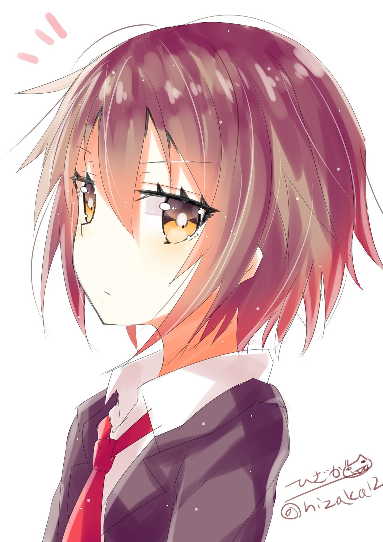 black_jacket brown_hair closed_mouth eyebrows_visible_through_hair hair_between_eyes highres hizaka jacket kantai_collection looking_at_viewer necktie red_neckwear school_uniform shirt short_hair simple_background solo twitter_username wakaba_(kantai_collection) white_background white_shirt yellow_eyes