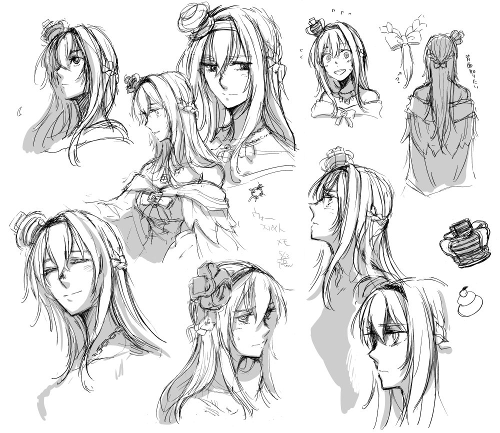 artist_name bangs bare_shoulders blush braid chain closed_eyes commentary_request constricted_pupils crown dated dress eyebrows_visible_through_hair flower flying_sweatdrops french_braid greyscale hair_between_eyes hair_ornament hairband jewelry jitome kantai_collection long_hair mini_crown monochrome multiple_views necklace off-shoulder_dress off_shoulder open_mouth parted_lips ribbon rose round_teeth shaded_face simple_background smile sweat teeth translated warspite_(kantai_collection) white_background yamada_rei_(rou)