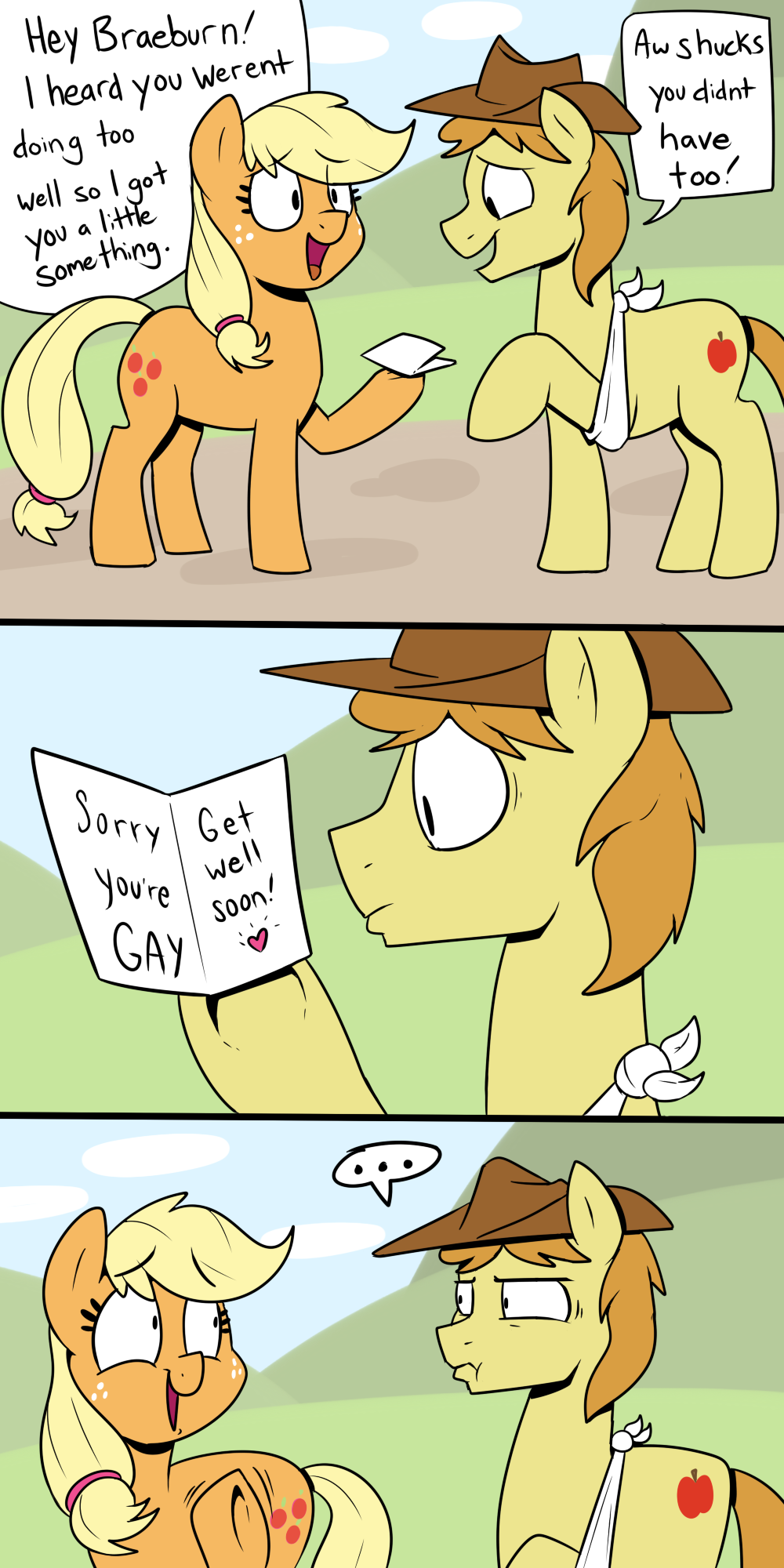 &lt;3 ... applejack_(mlp) blonde_hair braeburn_(mlp) card comic cowboy_hat cutie_mark dialogue duo english_text equine female feral freckles friendship_is_magic hair hat hi_res hooves horse humor long_hair male mammal my_little_pony open_mouth orange_body outside pony strangerdanger text trolling yellow_body
