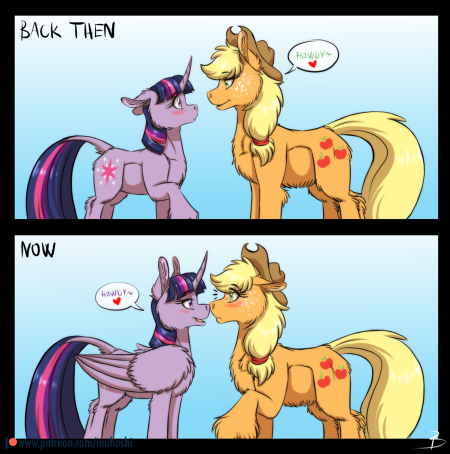 2018 applejack_(mlp) blush cowboy_hat duo equine female freckles friendship_is_magic hat horn horse inuhoshi-to-darkpen mammal my_little_pony pony size_difference stetson twilight_sparkle_(mlp) unicorn winged_unicorn wings
