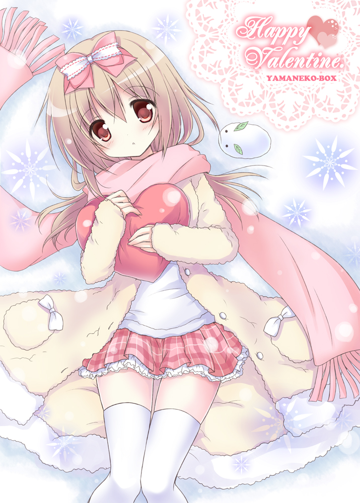 :o blush bow coat commentary_request english hair_bow happy_valentine heart holding_heart knees_together_feet_apart light_brown_hair long_hair long_scarf long_sleeves looking_at_viewer nanase_miori original pink_bow pink_scarf pink_skirt plaid plaid_skirt pleated_skirt red_eyes scarf shirt skirt snowflake_background solo thighhighs valentine white_background white_bow white_legwear white_shirt