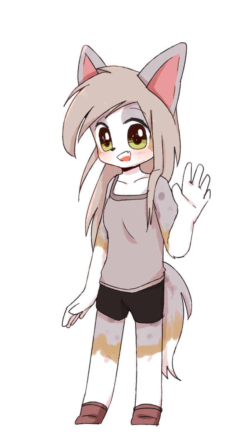 5_fingers anthro blush chuko_(artist) clothed clothing dipstick_tail feline female full-length_portrait fully_clothed hair logie_(5023) long_hair mammal multicolored_tail portrait shirt shorts simple_background smile suinmsg waving white_background