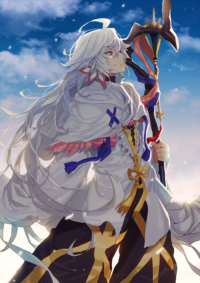 ahoge backlighting bangs bishounen black_pants blue_sky center_frills closed_mouth disconnected_mouth evening eyebrows_visible_through_hair fantasy fate/grand_order fate_(series) floating_hair flower_knot gradient_sky hair_between_eyes hair_ornament holding holding_staff hood hood_down hooded_robe lloule long_hair long_sleeves looking_afar looking_away looking_up male_focus merlin_(fate) pants purple_eyes robe shade sky smile solo staff standing tassel turtleneck very_long_hair white_hair white_robe wide_sleeves wind