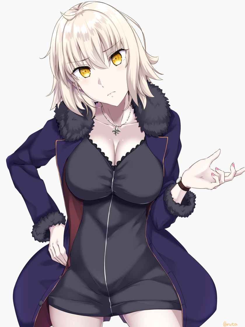 ahoge bangs black_dress black_jacket blue_jacket breasts caruta cleavage coat commentary_request cowboy_shot dress eyebrows_visible_through_hair fate/grand_order fate_(series) fur-trimmed_coat fur-trimmed_jacket fur-trimmed_sleeves fur_collar fur_trim jacket jeanne_d'arc_(alter)_(fate) jeanne_d'arc_(fate)_(all) jewelry large_breasts necklace open_clothes open_coat open_jacket short_dress short_hair silver_hair simple_background solo twitter_username white_background wicked_dragon_witch_ver._shinjuku_1999 wristband yellow_eyes zipper