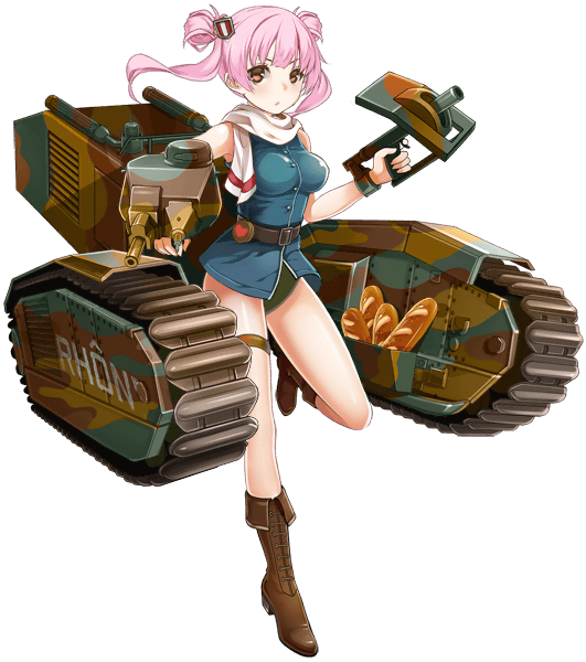 baguette belt bread breasts brown_eyes brown_footwear cannon caterpillar_tracks char_b1 char_b1_(panzer_waltz) food full_body ground_vehicle hair_ornament large_breasts military military_vehicle motor_vehicle official_art panzer_waltz personification pink_hair scarf solo tank transparent_background turret twintails