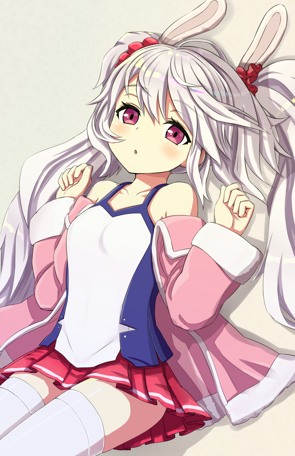 animal_ears azur_lane bangs bare_shoulders brown_background bunny_ears camisole collarbone commentary eyebrows_visible_through_hair fur-trimmed_jacket fur-trimmed_sleeves fur_trim hair_between_eyes hair_ornament hair_scrunchie hands_up highres jacket jd_(bibirijd) laffey_(azur_lane) long_hair long_sleeves looking_at_viewer off_shoulder open_clothes open_jacket parted_lips pink_jacket pleated_skirt purple_eyes red_scrunchie red_skirt scrunchie silver_hair skirt solo thighhighs twintails very_long_hair white_camisole white_legwear