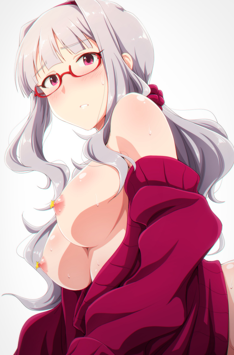 arched_back bangs bare_shoulders blunt_bangs blush breasts breasts_outside chromatic_aberration commentary eyebrows_visible_through_hair glasses hairband highres idolmaster idolmaster_(classic) large_breasts long_hair looking_at_viewer nipples no_bra off_shoulder parted_lips pasties pink_eyes ponytail puffy_nipples red-framed_eyewear red_scrunchie red_sweater scrunchie semi-rimless_eyewear shijou_takane silver_hair simple_background solo sweat sweater tengu_(tetuo_kun) white_background