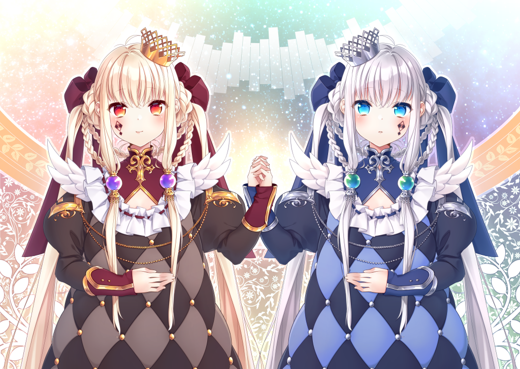 argyle_dress bad_id bad_pixiv_id bangs blonde_hair blue_bow blue_dress blue_eyes blush bow braid brown_dress closed_mouth commentary_request crown dress eyebrows_visible_through_hair facial_mark hair_between_eyes hair_bow hair_rings holding_hands interlocked_fingers juliet_sleeves levka long_hair long_sleeves looking_at_viewer mini_crown multiple_girls original parted_lips puffy_sleeves red_bow red_eyes silver_hair sleeves_past_wrists smile very_long_hair