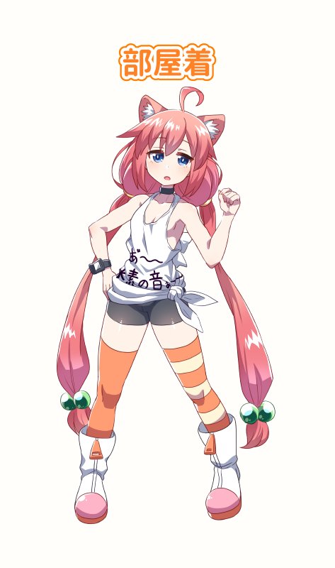 ahoge animal_ear_fluff animal_ears bare_shoulders bike_shorts black_choker blue_eyes boots bright_pupils cat_ears choker clenched_hand commentary_request full_body hair_bobbles hair_ornament hand_on_hip hand_up hinata_channel legs_apart long_hair looking_at_viewer low-tied_long_hair mismatched_legwear nekomiya_hinata open_mouth orange_legwear pigeon-toed pink_hair shirt sleeveless sleeveless_shirt solo standing thighhighs tied_shirt tomoyohi very_long_hair watch white_footwear wristwatch