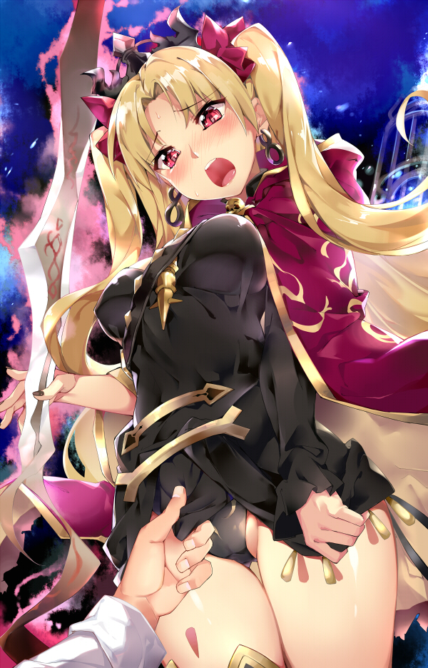 1girl ass_visible_through_thighs asymmetrical_sleeves bangs between_breasts black_dress black_leotard black_nails blonde_hair blush breasts cloak commentary_request dress dress_tug earrings embarrassed ereshkigal_(fate/grand_order) eyebrows_visible_through_hair fate/grand_order fate_(series) fingernails from_below fujimaru_ritsuka_(male) glowing glowing_weapon hair_ribbon head_tilt hidebuu holding holding_weapon hood hood_down hooded_cloak hoop_earrings infinity jewelry large_breasts legs_together leotard long_hair long_sleeves looking_down nail_polish nose_blush open_mouth parted_bangs print_cloak print_leotard red_cloak red_eyes red_ribbon ribbon shiny shiny_hair shiny_skin short_dress single_sleeve skull spine standing sweat thigh_gap tiara two_side_up upper_teeth weapon