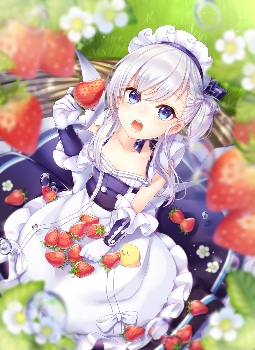 apron azur_lane belchan_(azur_lane) belfast_(azur_lane) blue_eyes braid commentary eyebrows_visible_through_hair flower food from_above fruit gloves highres kitazume_kumie long_hair looking_at_viewer maid maid_apron maid_headdress one_side_up open_mouth silver_hair sitting solo strawberry water_drop