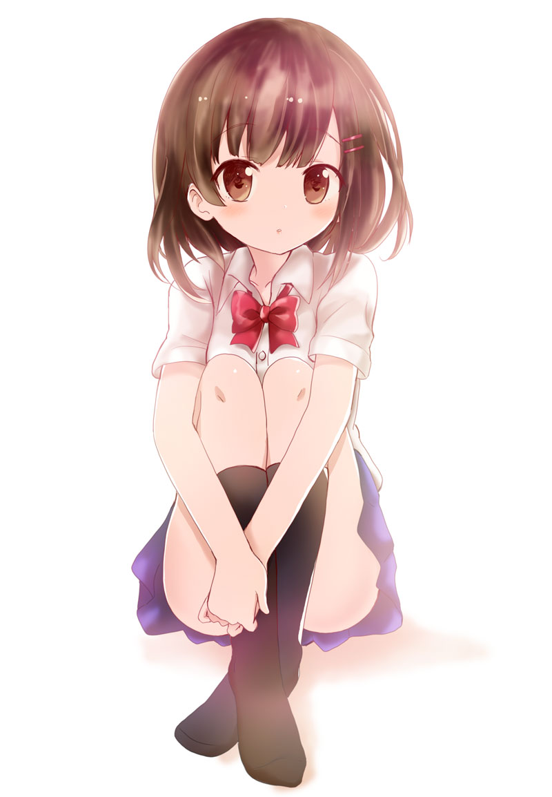 :o black_legwear blue_skirt blush bow bowtie breasts brown_eyes brown_hair collared_shirt commentary_request convenient_leg dress_shirt hair_ornament hairclip kneehighs long_hair massala no_shoes original parted_lips pleated_skirt red_neckwear school_uniform shirt short_sleeves sitting skirt small_breasts solo white_background white_shirt