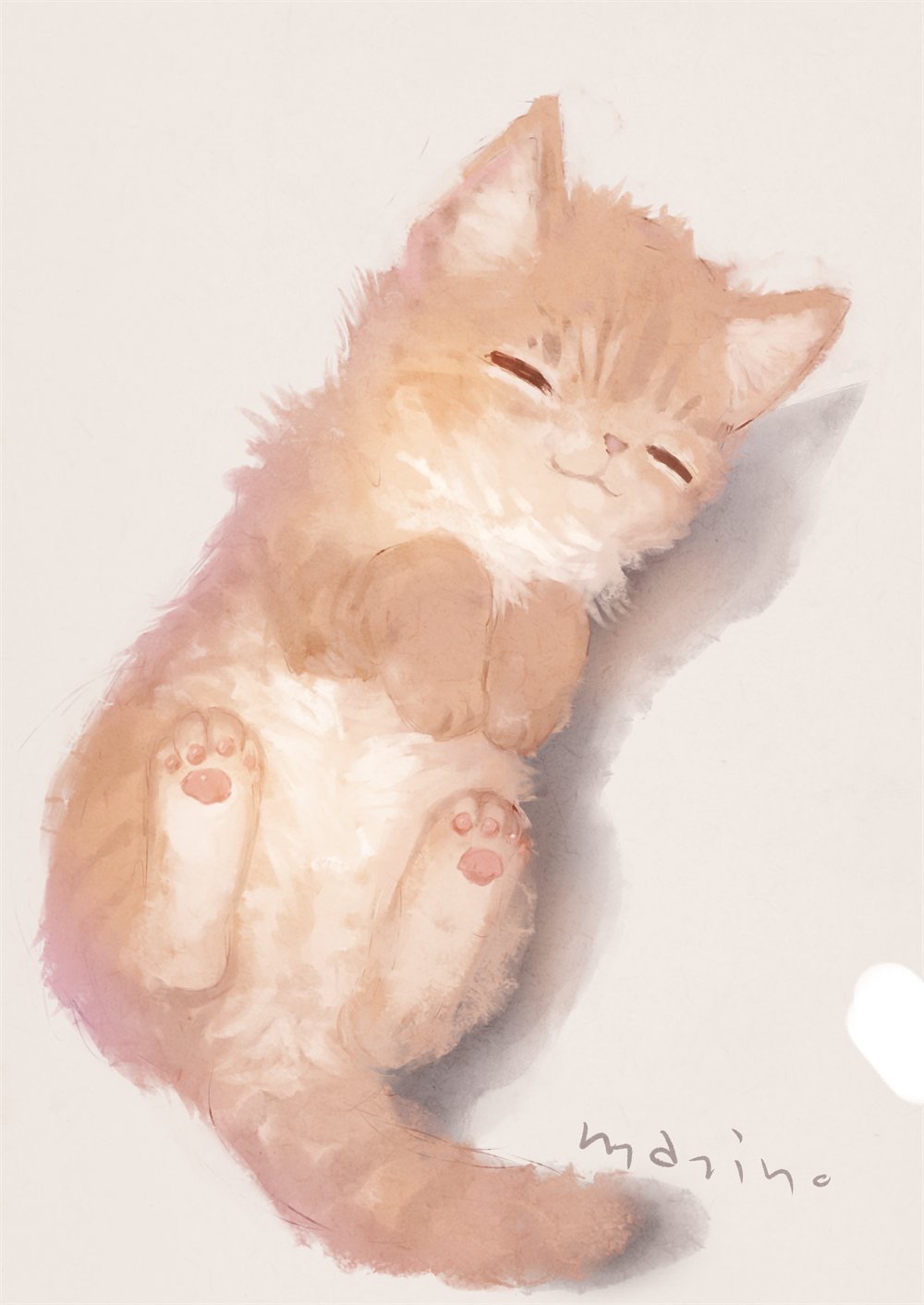 cat cat_focus closed_eyes closed_mouth commentary_request fluffy happy highres kitten lying manino_(mofuritaionaka) no_humans on_side original paws signature smile solo